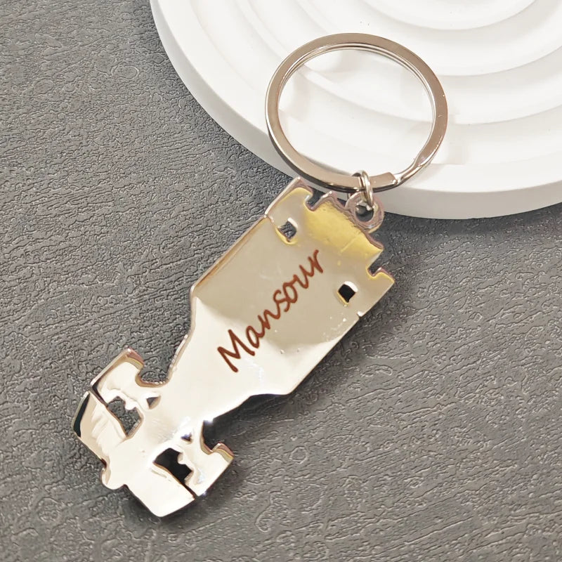 Customized keychain, personalised Formula One racing silver coating