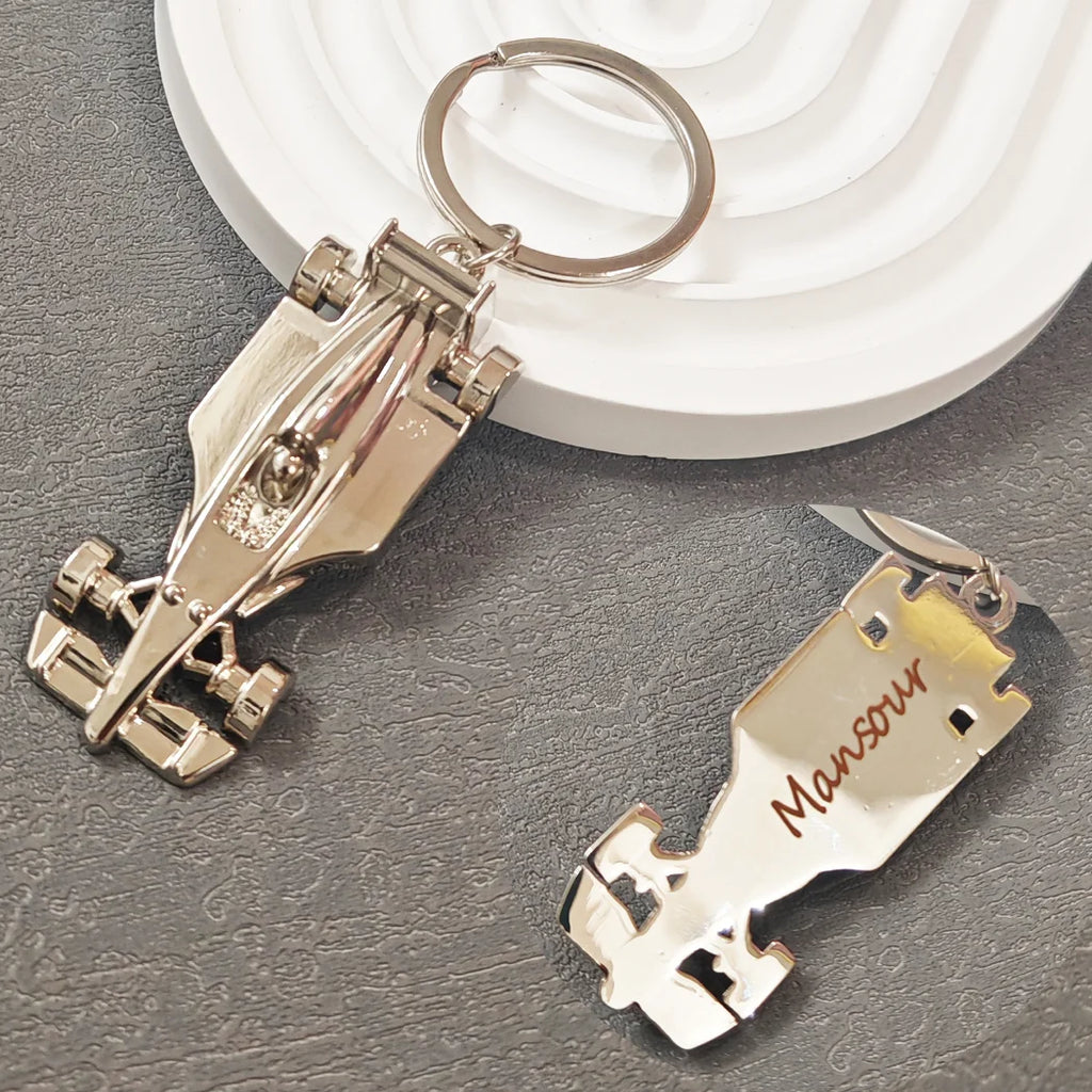 Customized keychain, personalised Formula One racing silver coating