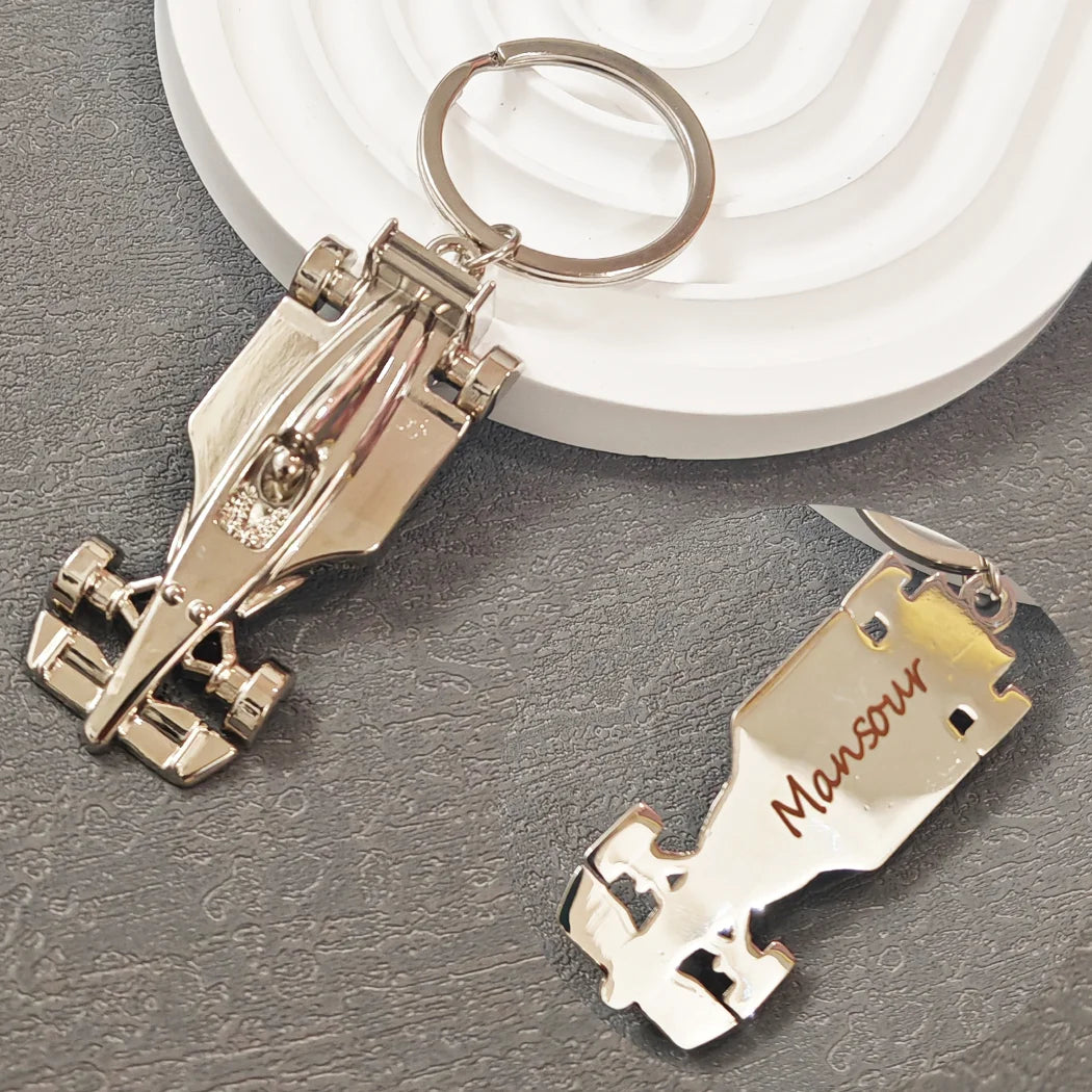 Customized keychain, personalised Formula One racing silver coating